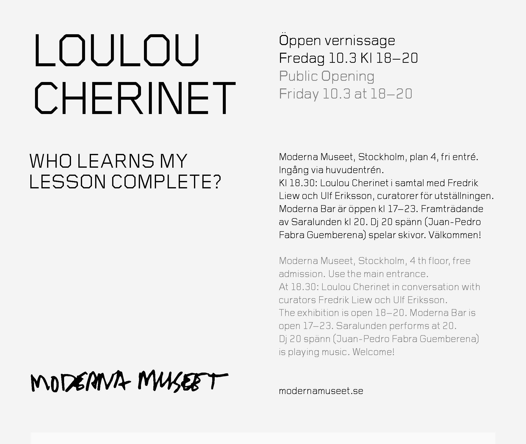 Vernissageinbjudan Loulou Cherinet 10 mars Moderna Museet x